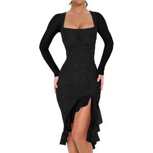 SEXY Senorita Style Bodycon Ruffled Mesh BLACK Cocktail Dress size LARGE L